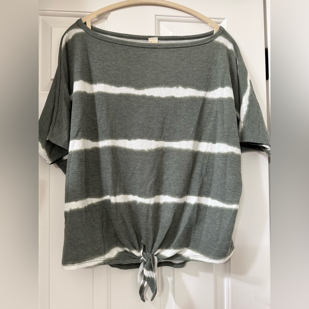 7th Ray Olive Gray and Cream Striped Short Sleeve Top